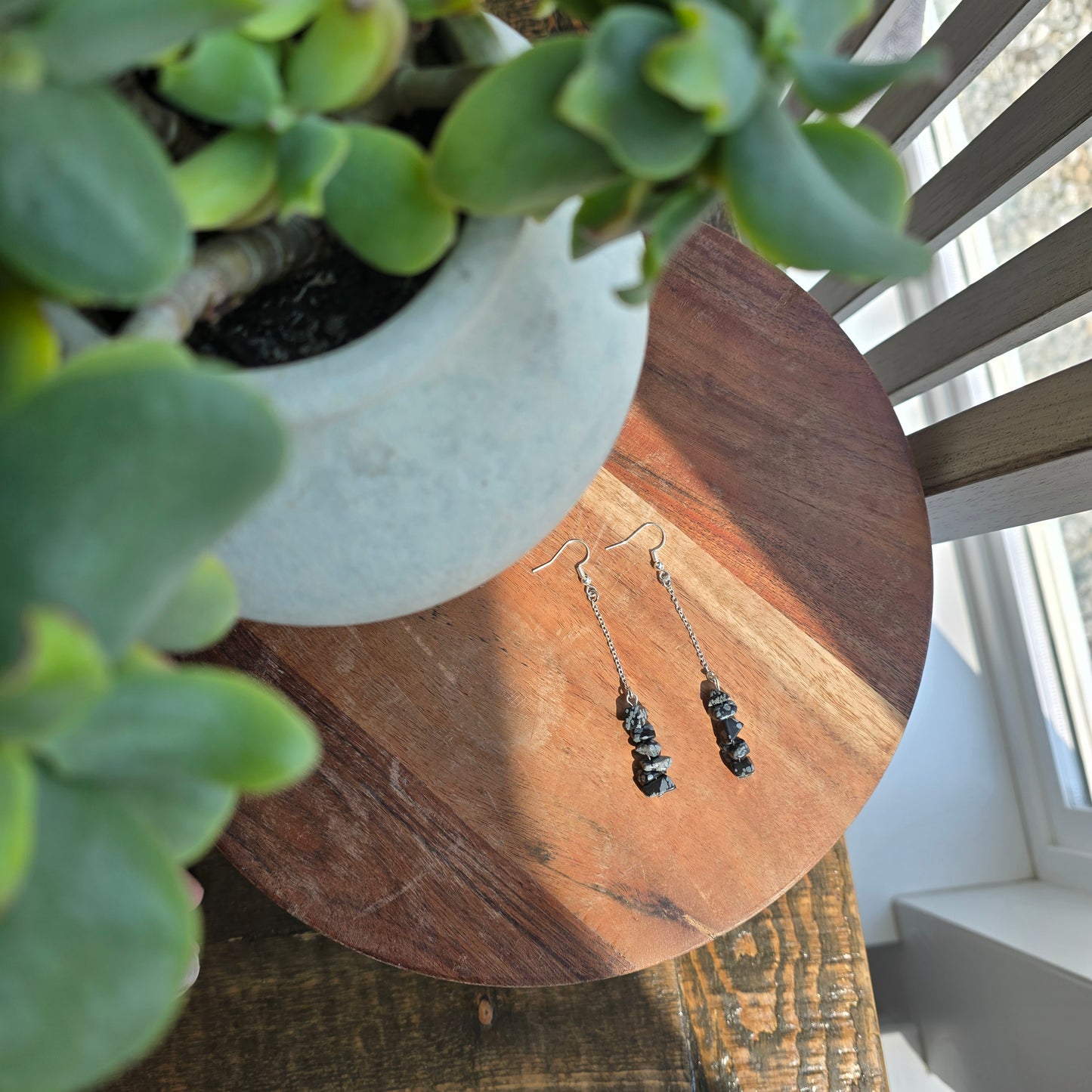 Bar and Chain Snowflake Obsidian Earrings