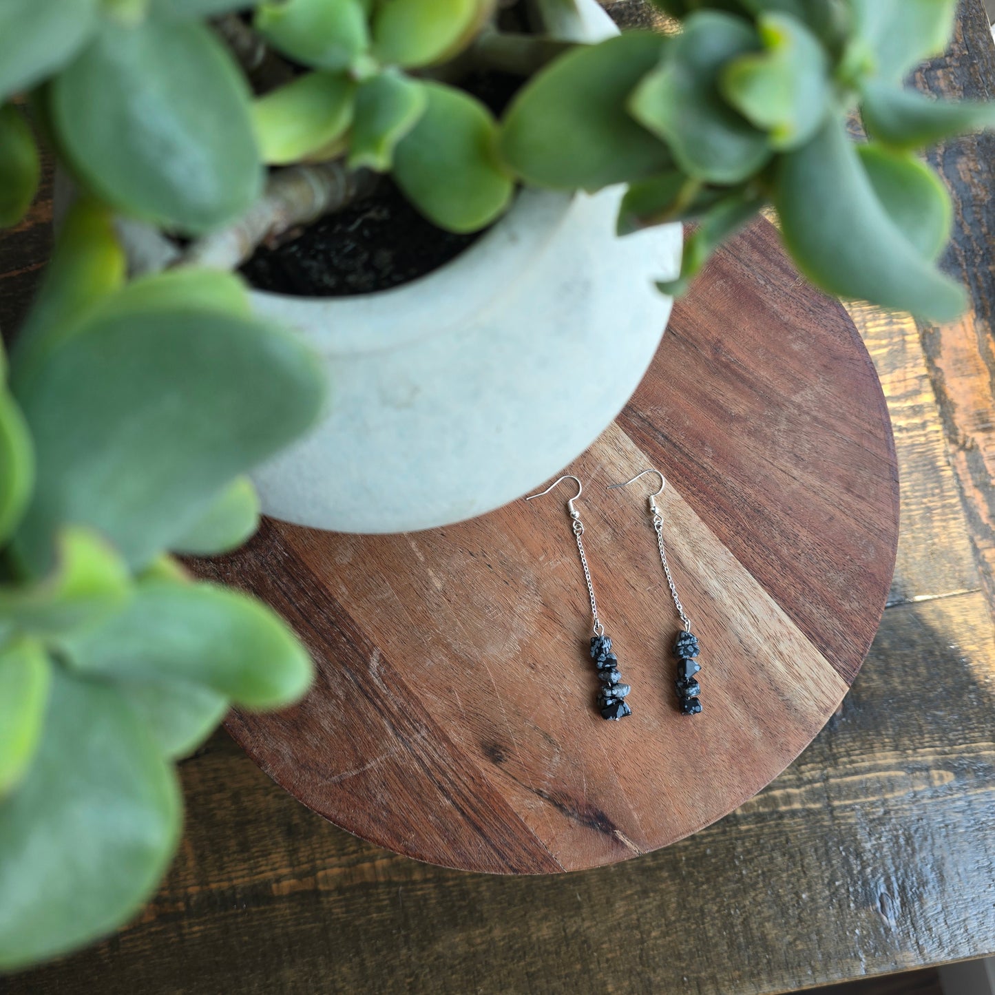 Bar and Chain Snowflake Obsidian Earrings