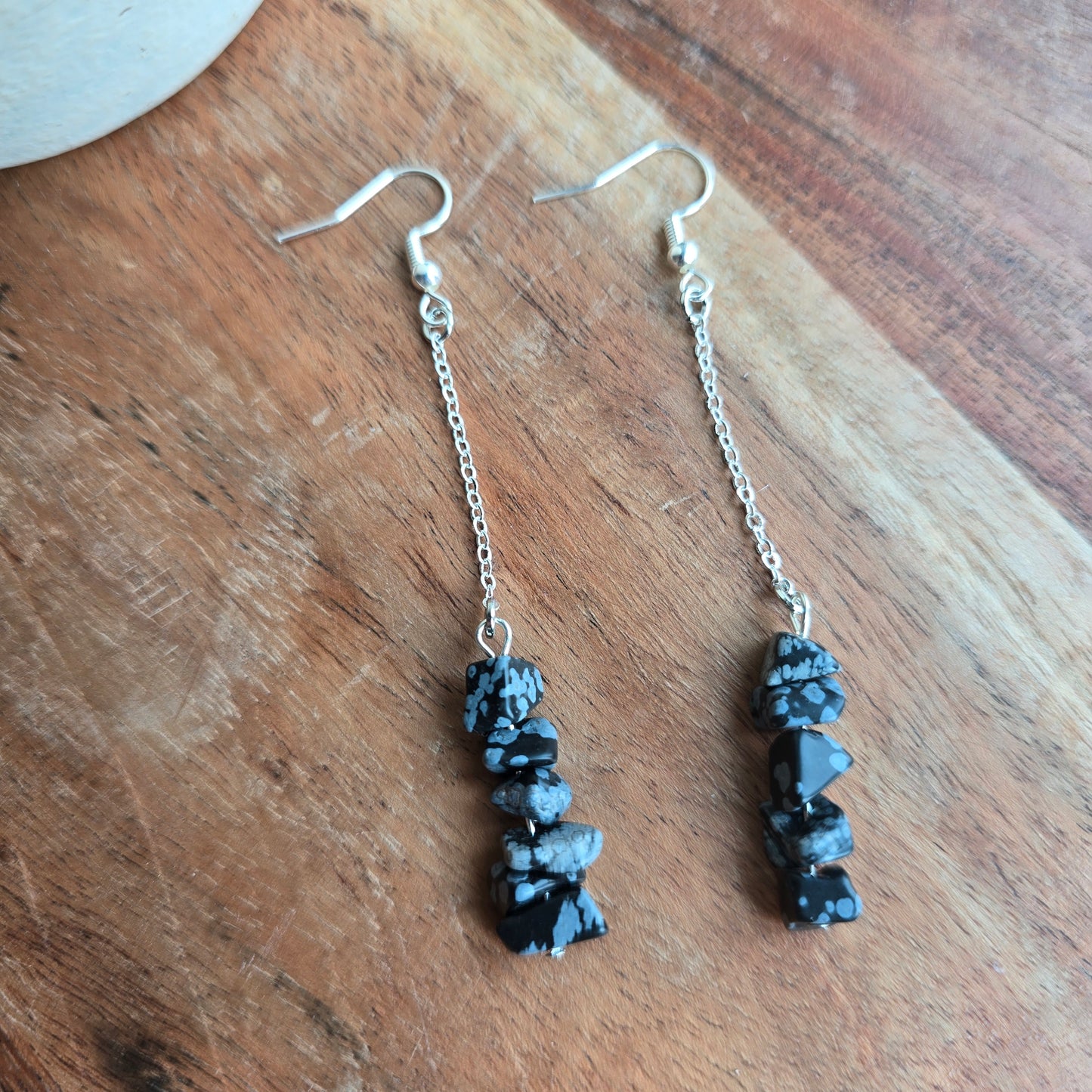 Bar and Chain Snowflake Obsidian Earrings