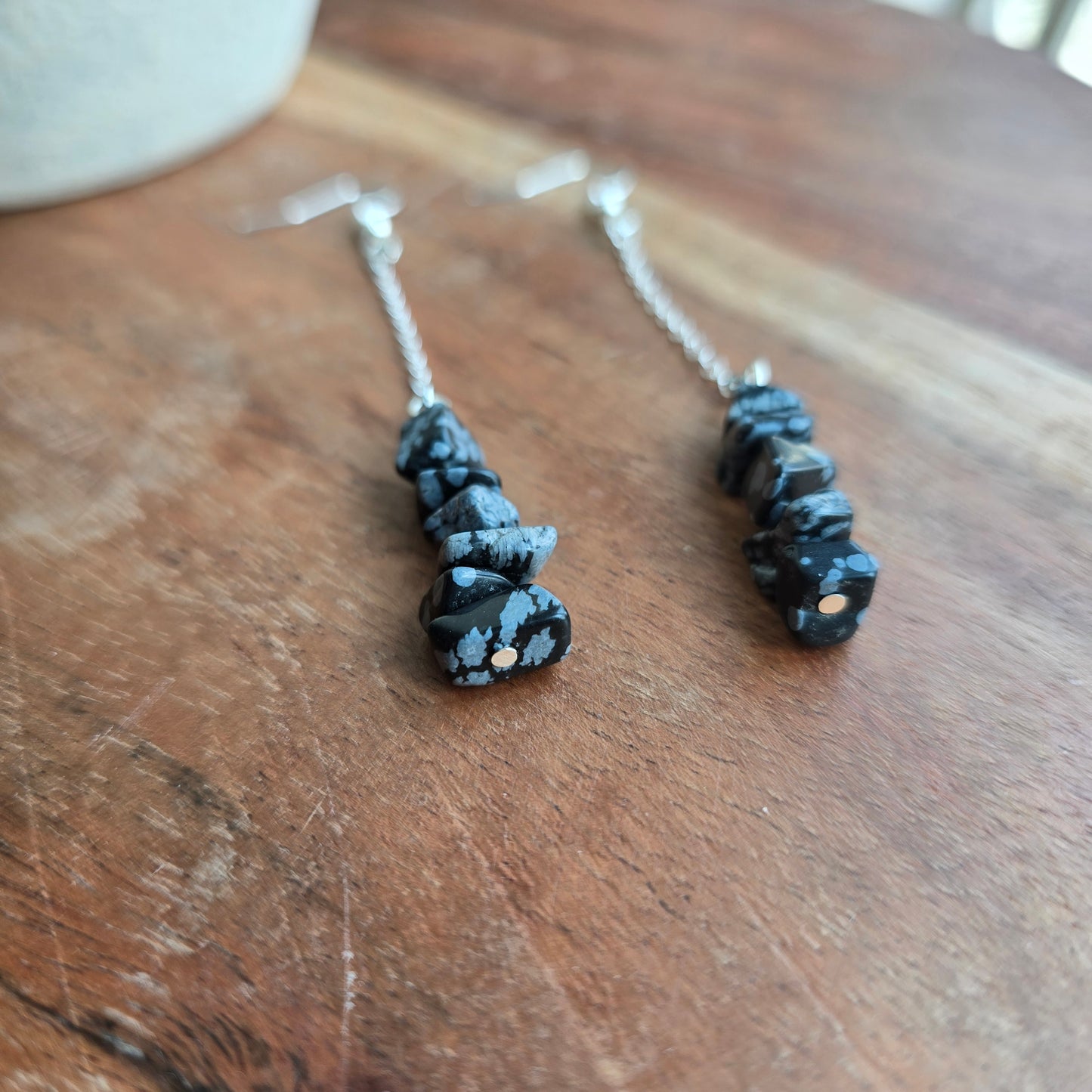 Bar and Chain Snowflake Obsidian Earrings