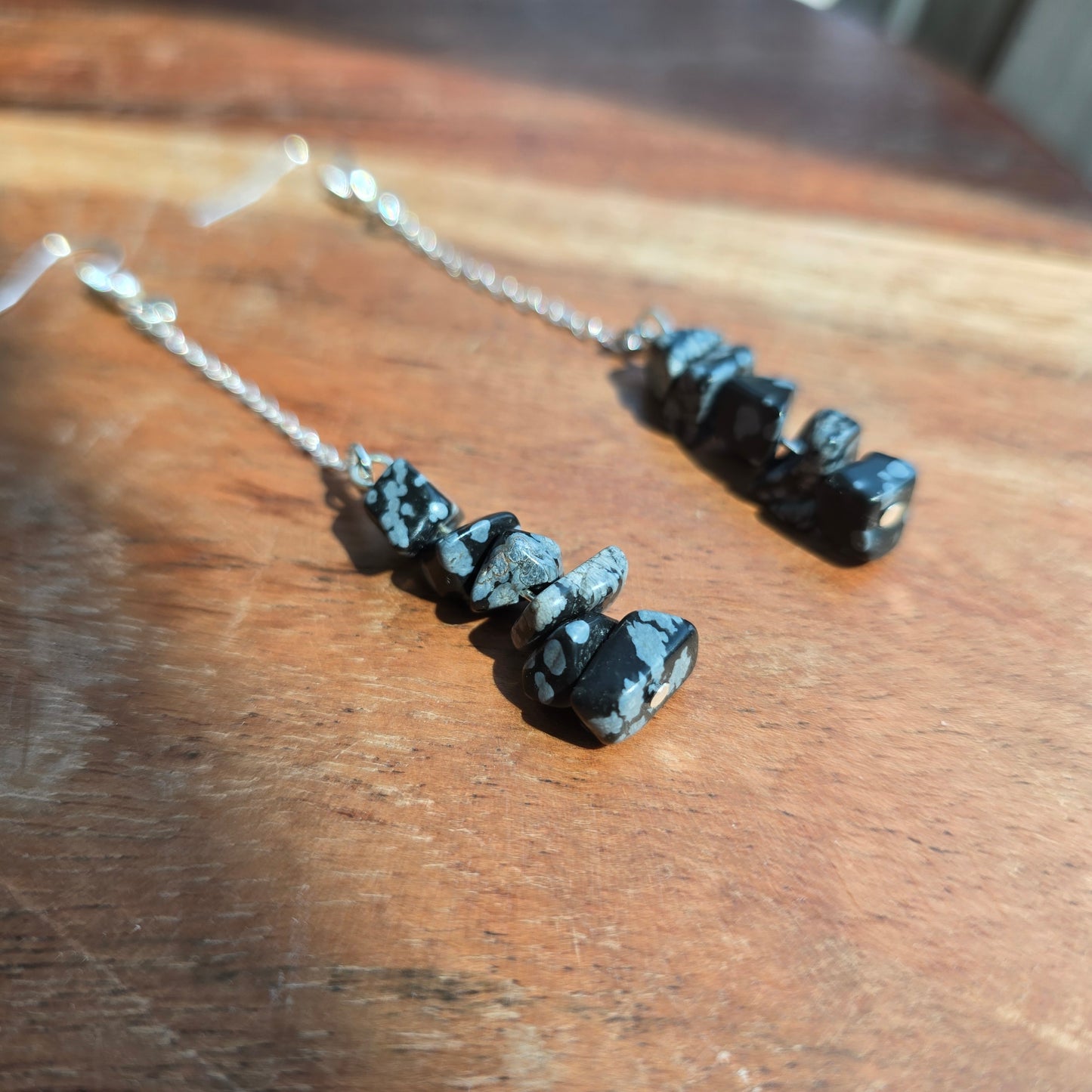 Bar and Chain Snowflake Obsidian Earrings