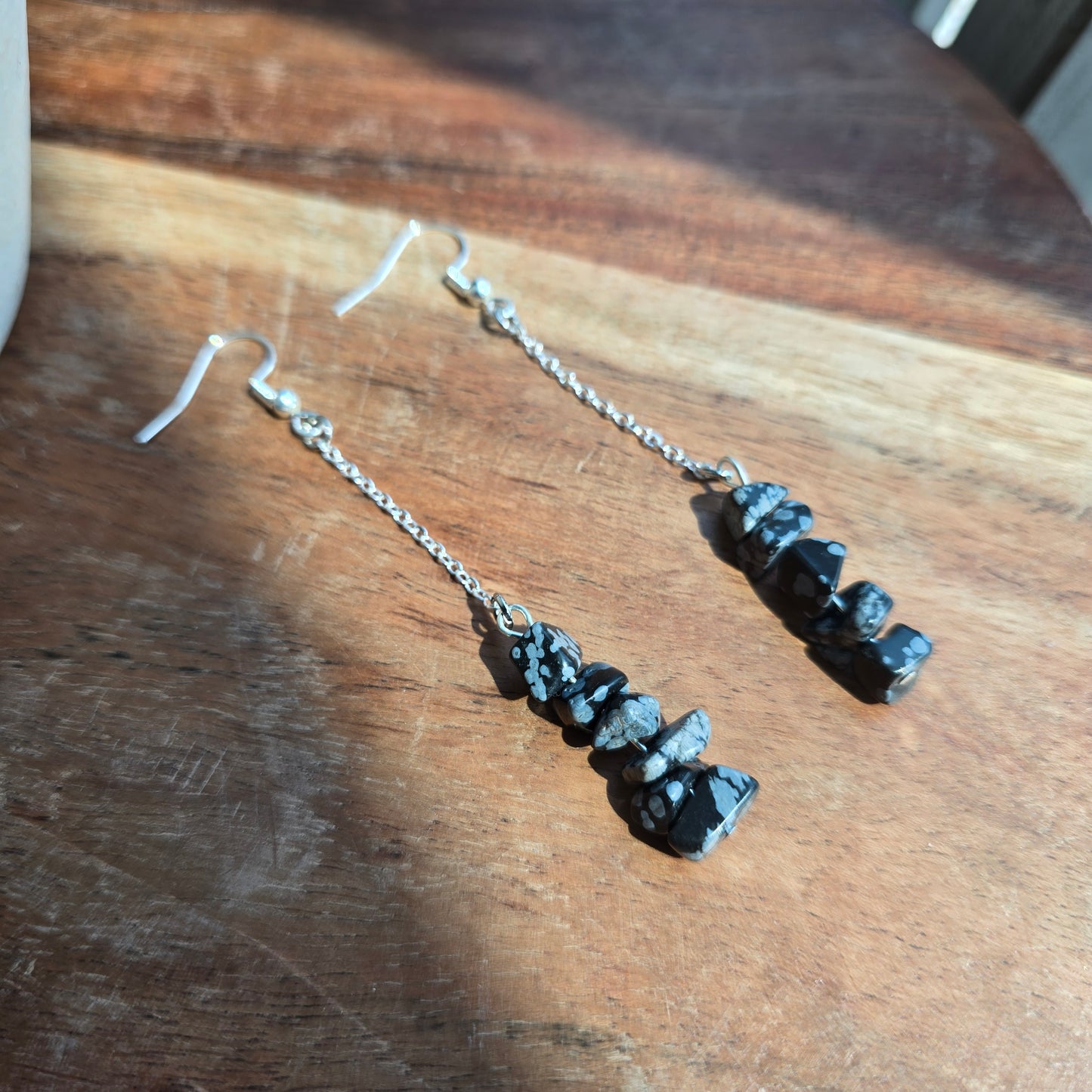 Bar and Chain Snowflake Obsidian Earrings